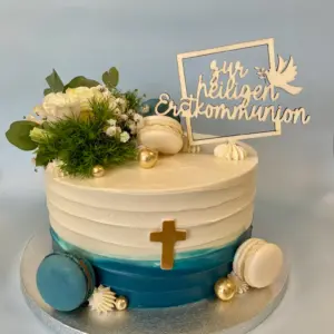 Naked Cake mit Farbverlauf, Blumen und Macarons – Bild 4