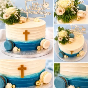 Naked Cake mit Farbverlauf, Blumen und Macarons